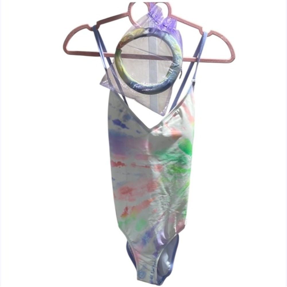 Salt +Cove Colorful Tie-Dye Swimsuit‎ with matching headband.